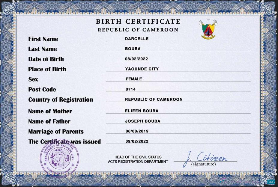 Download Cameroon vital record birth certificate PSD template Photoshop template